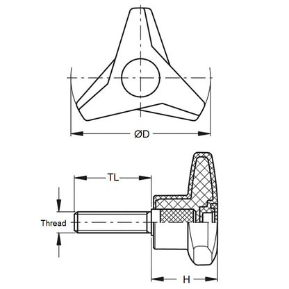 1112300 | KM159C-125-TRI-BHM (Each) --- Tri Knobs - 5/8-11 UNC - 15.88mm - 124.97 mm - 30 Male - Plated Steel Knob