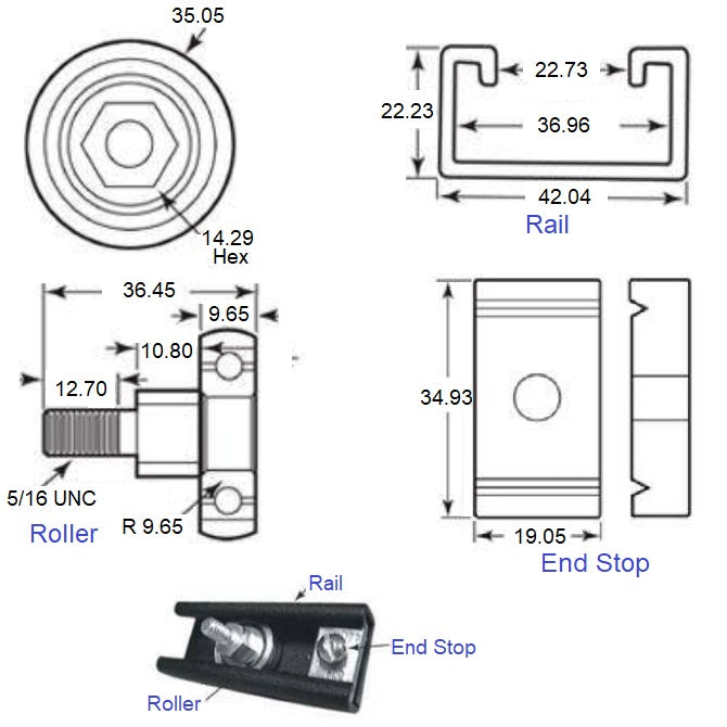 1228016 | PBC-210RS --- Crowned Roller Track System Linear - End Stop - - Order other components seperately
