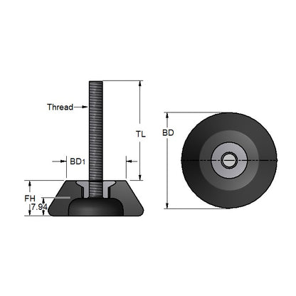 1125596 | TMF-557-ARS --- Levelling Bonded Neoprene Mounts - 22.0 to 59.0 Kg 1.27x6.35 mm With Stud