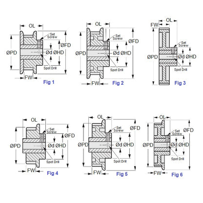 1089412 | P-XL-010-095FF-PP-GAI-050 (10 Pcs) --- Inch Timing Pulleys - 10 tooth - 9.5x5 mm 5.080mm Pitch XL - Fibreglass Reinforced Polycarbonate Pulley