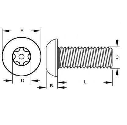 1063314 | SCS0500-050-B-SK-S4 (6 Pcs) --- Security Screws - M5 - 5x0.8mm - 50 mm - 304 Stainless Button Screw