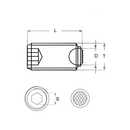 1112949 | SS160M-0190-CS-DKT --- Diamond Knurled Tip Socket Set Screws - M16 -16x2mm- 19 mm  - Carbon Steel with Alloy Steel SUJ2 HRC 55 -60 tip