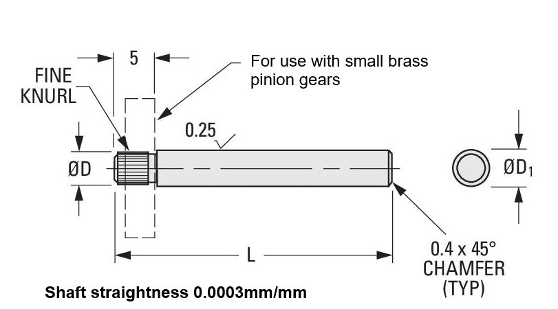 1037230 | SHPIN01.5X50 --- Pinion Shafts - 1.5x1.55x5 mm - Stainless Steel 303/304 Similar to A2, 18-8 HRB80 Shaft