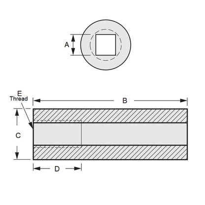 1103684 | SLQ-1270-1984-06985-T --- Square Hole Sleeves - 12.827x19.837x69.85 mm Threaded - Carbon Steel 11L17 Sleeve