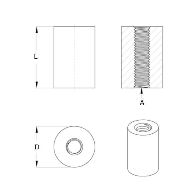 1043249 | SRD-T-0285C-05-006-B (2 Pcs) --- Threaded Spacers - 4-40 UNC - 2.85mm - 4.762x6.35 mm Round - Brass Spacer
