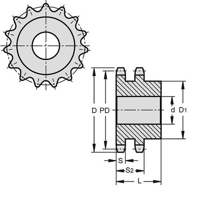 1117376 | SP2-127-078B-018-PB-C --- Roller Chain Sprockets - 18 tooth - 72.74 - - Duplex 08B With Boss - Carbon Steel Sprocket
