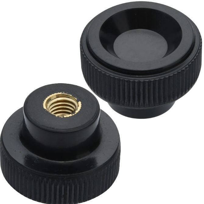 1225695 | KF040M-020-KND-PH --- Disc Knobs - M4 - 4x0.7mm - 20x7 mm Female Knurled Plastic - Brass Knob