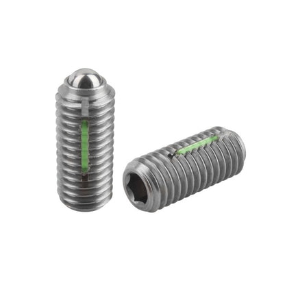 1080609 | PLBT-080M-160-S3LK-030 --- Ball Threaded Plungers - M8 - 8x1.25mm - 16 mm - 15 N Stainless Body and Ball with Threadlock - Stainless Steel 303 Similar to A2, 304, 18-8 Plunger