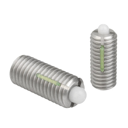 1049791 | PLST-035C-095-C-016-A --- Spring Plungers - 6-32 UNC - 3.5mm - 9.5 mm - 2.2 N No Handle - Steel Body with Acetal Nose