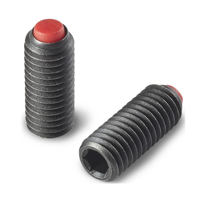 1052453 | SS040M-0097-CS-PO-FB --- Flat Tip Aligning Socket Set Screws - M4 - 4x0.7mm - 9.7 mm - Aligning Flat Tip - Carbon Steel with Polyacetal tip Screw